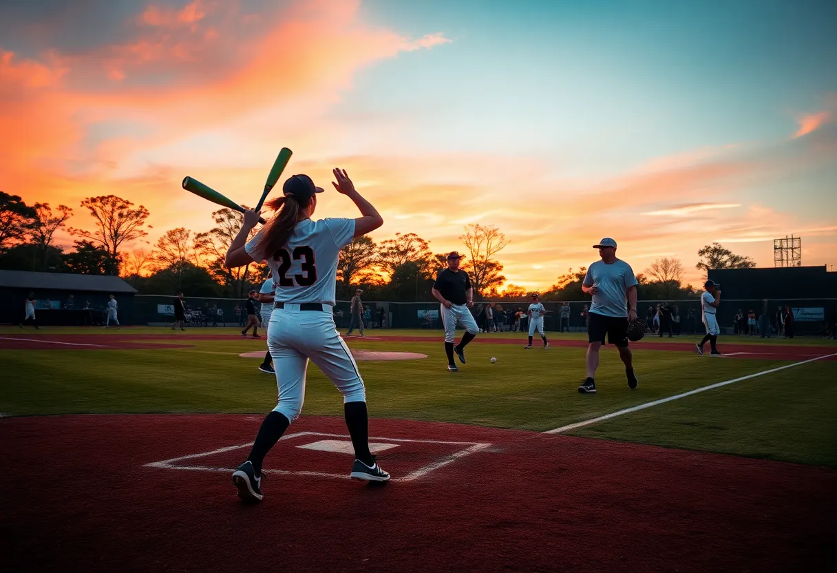 A softball field with players practicing during sunset