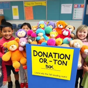 Stuffed animals collected for literacy initiative at College Hills Elementary School.