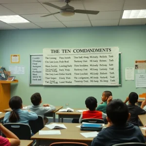 Classroom with Ten Commandments poster displayed