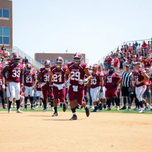 Players of the Texas A&M Aggies football and softball teams practicing energetically.