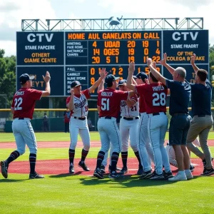 Celebration on the baseball field by Texas A&M athletes.