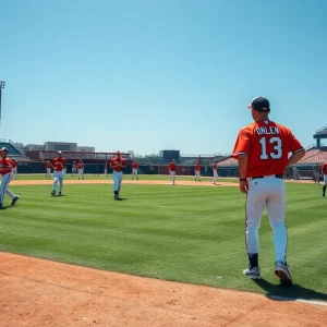 Players practicing baseball at Texas A&M University