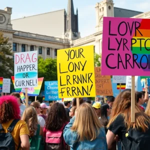 Students protesting against the ban on drag shows at Texas A&M University