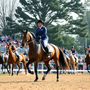 Horses and riders competing at a Texas A&M equestrian event