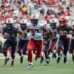 Texas A&M running backs demonstrating teamwork on the football field.