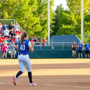 Texas A&M softball game in action with players and fans.