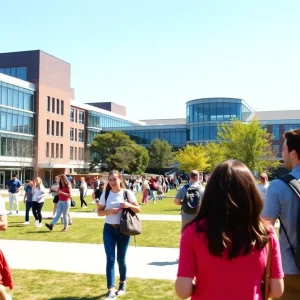 Students on the Texas A&M University campus with modern buildings in the background
