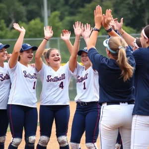 Texas High Lady Tigers celebrating their softball victory