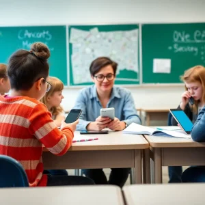 Classroom with engaged students and teacher without personal devices
