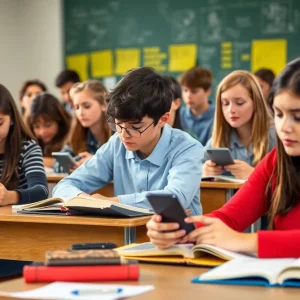 Students in a classroom without cell phones