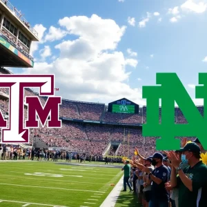 Texas A&M Aggies and Notre Dame Fighting Irish logos in a football stadium.