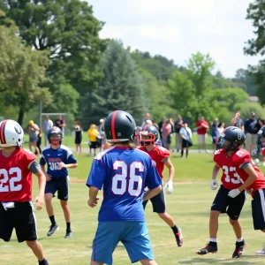 High school players competing in 7-on-7 football tournament at Veterans Park in College Station.