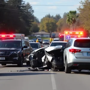 Emergency responders attending a traffic accident on a suburban road
