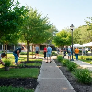 Community members planting trees in a park in College Station, Texas.