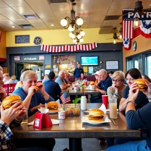 Guests enjoying burgers at Bubba's 33 while supporting veterans
