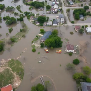 Aerial view of flooded areas in Central Texas with emergency responders.