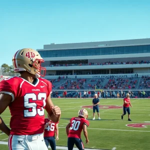 Football players practicing at a college stadium