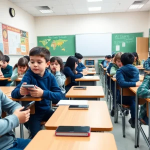 Students engaged in classroom activities without personal devices