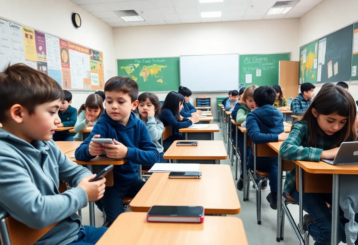 Students engaged in classroom activities without personal devices