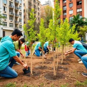 Community volunteers planting trees in College Station park