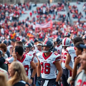 Vibrant college football scene with cheering crowd and team spirit