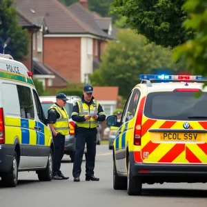 Police vehicles and officers at a residential complex in College Station