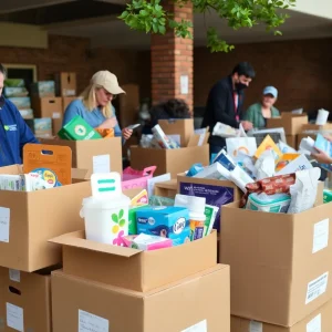Volunteers collecting donations for flood relief efforts