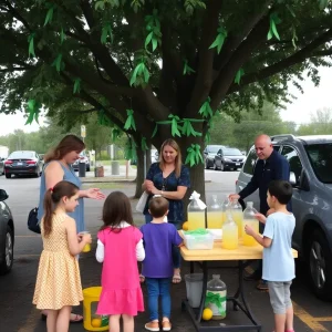 Children running a lemonade stand for flood victims