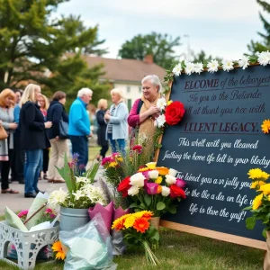 A community gathering honoring Doug Riley's life and legacy with flowers and tributes.