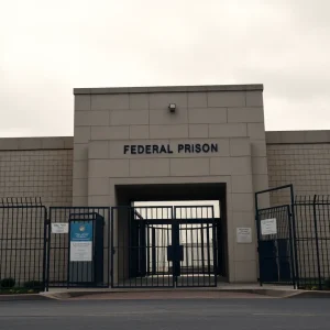 Entrance of a federal prison with a sense of solemnity