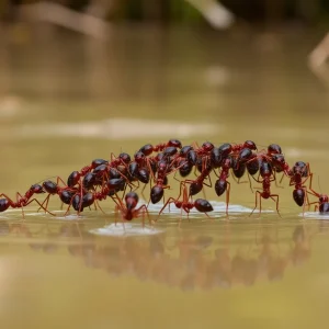 A colony of fire ants creating a raft on water during flooding.