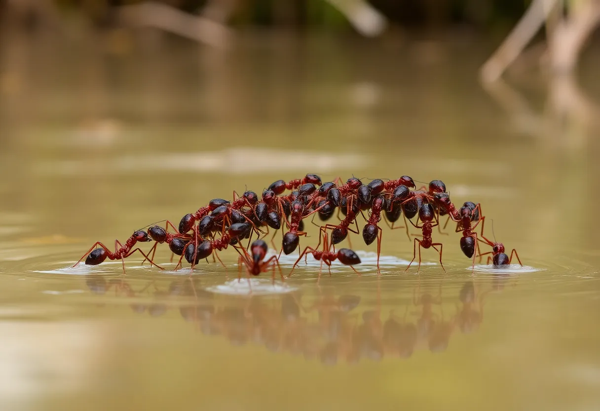 A colony of fire ants creating a raft on water during flooding.