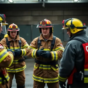 Firefighters participating in training exercises at the Texas A&M Fire Training School