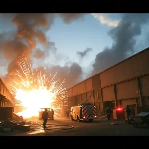 Emergency crews at the site of a fireworks warehouse explosion