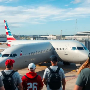 American Airlines plane at the airport with college football fans
