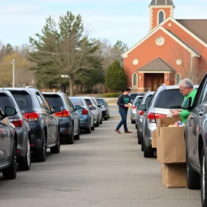 Volunteers at the grocery giveaway distributing food to community members