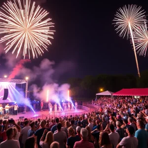 Crowd enjoying Independence Day celebration with fireworks at Wolf Pen Creek