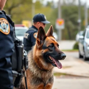 A police dog engaged in drug detection during a law enforcement operation.