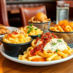 A serving of mac and cheese topped with breadcrumbs and cheese in a rustic restaurant setting.