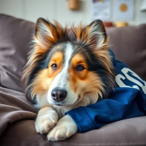 Reveille X, the rough collie mascot of Texas A&M University, resting at home after surgery.