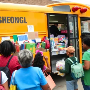 Community members donating school supplies to a bus