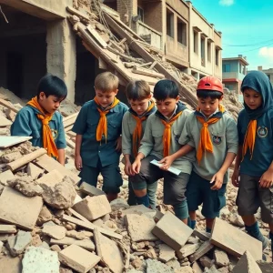 Scouts working alongside volunteers in flood recovery efforts