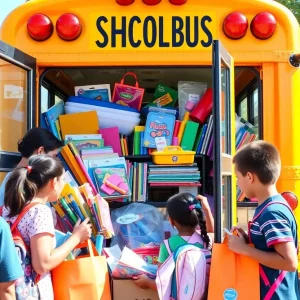 School bus filled with school supplies during the Stuff the Bus initiative.