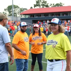 Coach Mike Elko playing in a celebrity softball game with fans and players in the background