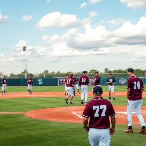 Texas A&M baseball players practicing on the field