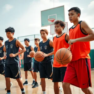 Texas A&M basketball team practicing on the court
