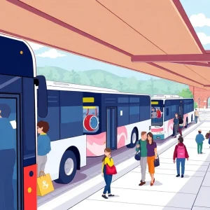 Illustration of the new bus hub at Texas A&M University with students and buses.