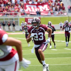 Texas A&M football players practicing at fall camp