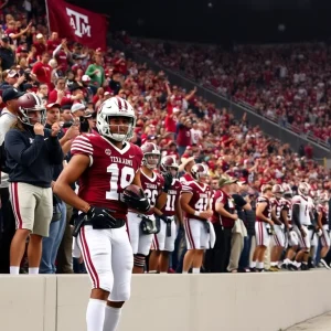 Vibrant scene at a Texas A&M football game with players and fans.