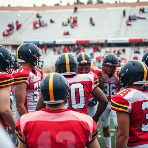 Football team in a huddle strategizing during practice.